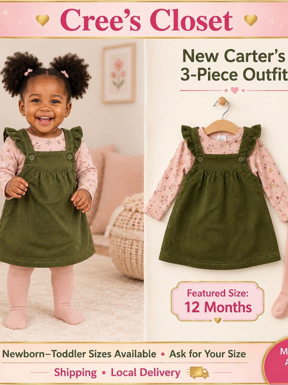 Carter's 3 Piece Olive Green Corduroy Dress & Bonus Book Variety of Sizes